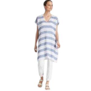 EILEEN FISHER Organic Linen Gauze Striped Tunic Dress in Blue & White SZ S/M